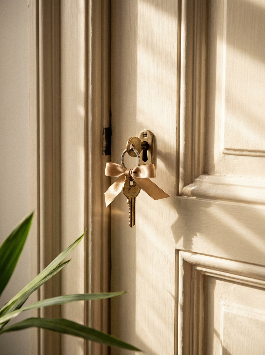 Brass key with a gold satin ribbon in the lock of a warm cream-painted paneled door