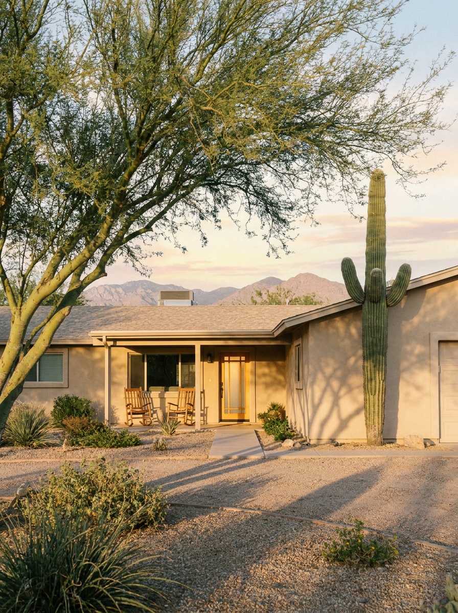 Single-story Southwest ranch home with a saguaro cactus and mesquite tree at golden hour, mountains in the distance