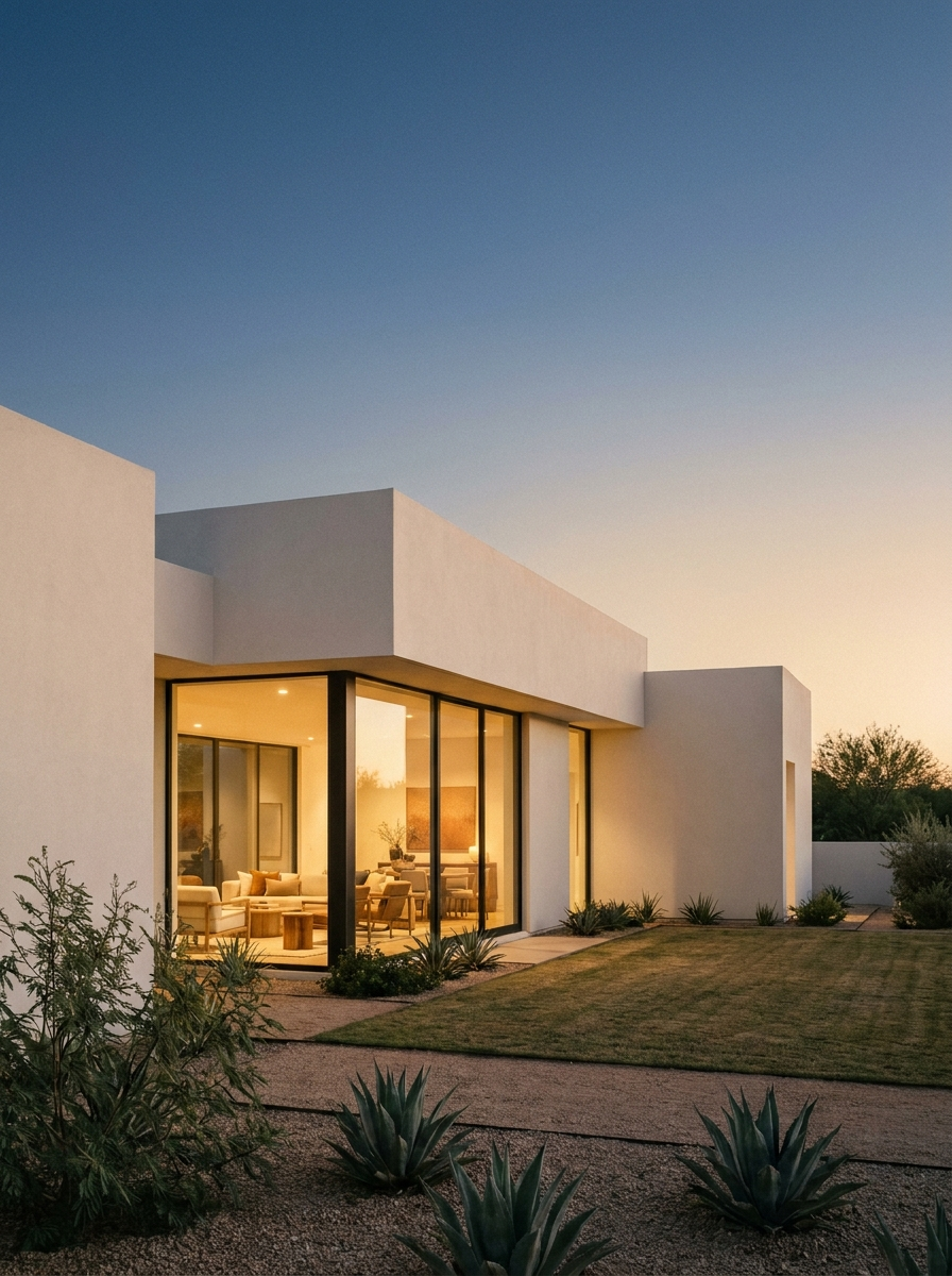 Modern flat-roofed desert home glowing from within at dusk, with agave and gravel landscaping